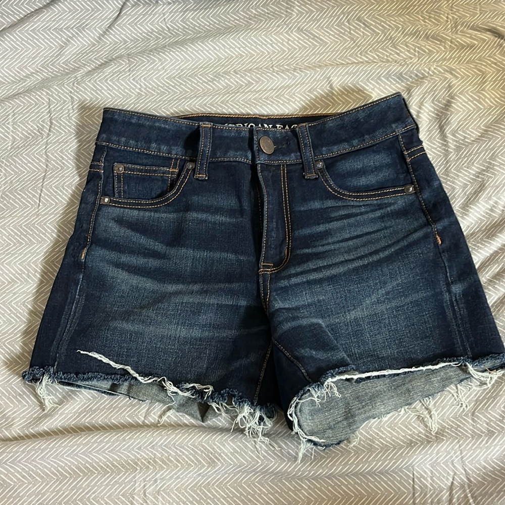 American Eagle hi-rise shortie dark wash jean shorts, worn a handful of times